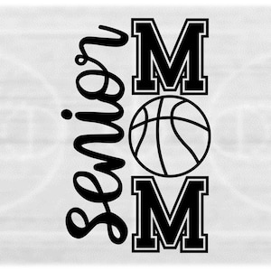 Sports Clipart: Black Words "Senior Mom" in Script and Varsity Style with Basketball as the Letter "O" - Digital Download svg png dxf pdf