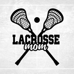 Sports Clipart: Crossed Sticks Split with Black Varsity Style Word "Lacrosse" with Word "Mom" Cutout - Digital Download svg png dxf pdf