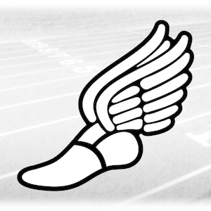 May include: A black and white illustration of a winged foot, a common symbol for speed and athleticism.