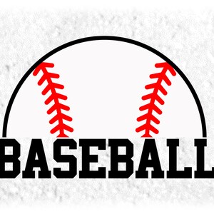 Sports Clipart: Black & White Half Baseball with Red Threads and Word "Baseball" in Bold Collegiate Type - Digital Download svg png dxf pdf