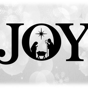 Holiday Clipart: Black Word "Joy" in Fancy Letters with Baby Jesus Manger Scene Inside - Christmas Theme - Digital Download svg png dxf pdf