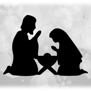 Holiday Clipart: Black Christmas Nativity Manger Scene Silhouette with Baby Jesus, Mary, and Joseph - Digital Download svg png dxf pdf