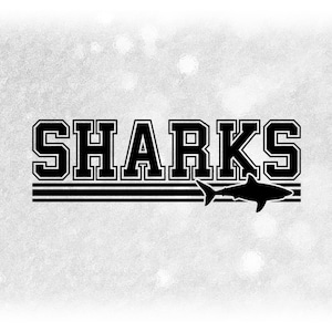 Puede incluir: Diseño gráfico en blanco y negro con la palabra "SHARKS" en letras negritas y una silueta negra de un tiburón debajo.