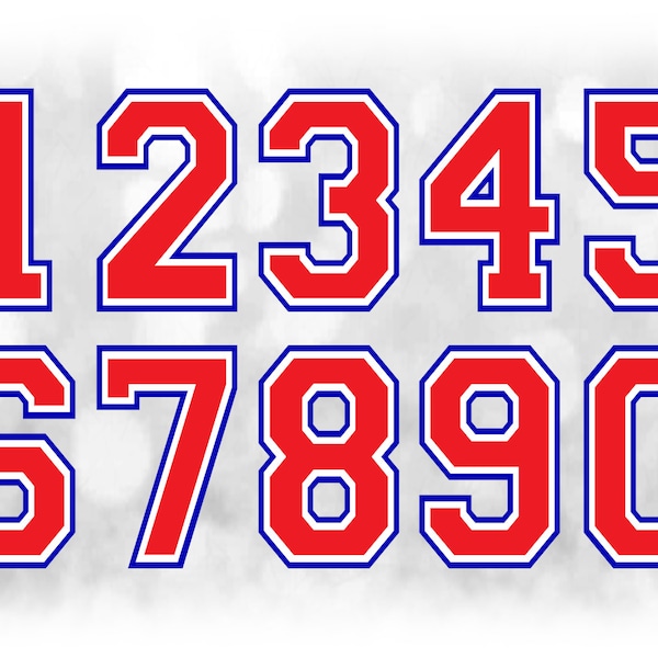 Sports Clipart: Jersey Number Templates Grouped on Single Sheet - Blue White Red Layers - Digital Download SVG, Not Installable Font File