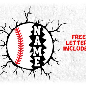 Sports Clipart: Red & White Baseball with Cracked Open Name Frame Layered on Large Black Hole with Cracks - Digital Download svg png dfx pdf