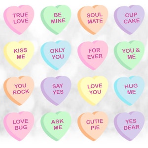 Bundle de cliparts vacances : 16 bonbons chérie aux couleurs pastel sur 1 feuille avec dictons pour l'amour, Saint-Valentin - téléchargement numérique SVG/PNG