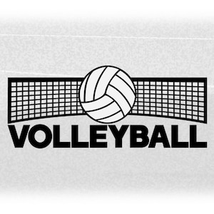 Può includere: Illustrazione in bianco e nero di una pallavolo con una rete dietro. Il testo "VOLLEYBALL" è sotto l'immagine.