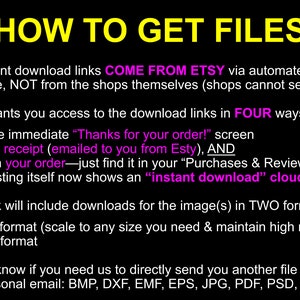 May include: A black and white text-based image with the title "How to Get Files" and instructions on how to download digital files from Etsy. The text explains that download links come from Etsy, not the shops themselves, and lists four ways to access the download links. It also mentions that the link will include downloads in two formats: SVG and PNG.