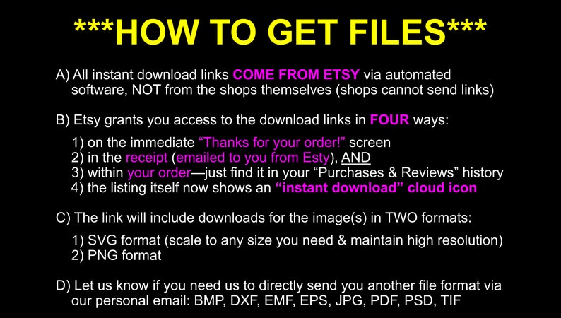 May include: A black and white text-based image with the title "How to Get Files" and instructions on how to download digital files from Etsy. The text explains that download links come from Etsy, not the shops themselves, and lists four ways to access the download links. It also mentions that the link will include downloads in two formats: SVG and PNG.