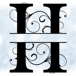 May include: Black and white split monogram letter H with decorative flourishes. The letter is set against a blue and white watercolor background.