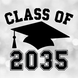 Educational Clipart: Black Class of 2035 Arched College Style Letters with Graduation Cap and Tassel - Digital Download svg png dxf pdf