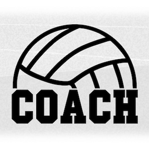 Pode incluir: Design gráfico preto e branco de uma bola de voleibol com a palavra "COACH" abaixo.