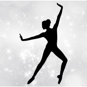 May include: Silhouette of a person in a dance pose against a white background with a sparkle effect.