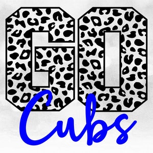 Clipart de equipe / mascote / escola: padrão de chita de pele de leopardo preto palavra "GO" com sobreposição de nome de equipe azul "Cubs" - download digital SVG e PNG