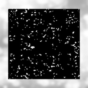 May include: Black and white abstract pattern with a speckled texture. The pattern is made up of small, irregular shapes.
