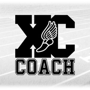 Sports Clipart: Bold Black Cross Country "XC" with Wing Track Shoe Cutout and Varsity Style Word "Coach" - Digital Download svg png dxf pdf