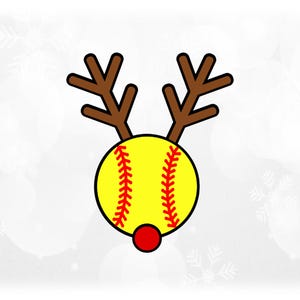 Holiday Clipart: Red and Yellow Softball with Brown Antlers and Red Rudolph Nose for Christmas - Digital Download svg png dxf pdf