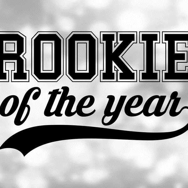 Sports Clipart: Bold Black Word "Rookie" in Block Type with "of the Year" with Baseball Style Swoosh Underline - Digital Download SVG & PNG