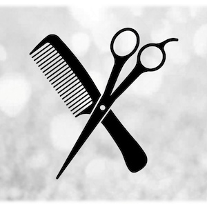 Beroep clipart: zwarte silhouet gekruiste schaar/schaar en grote kam voor haarstylist/kapper-digitale download SVG PNG DXF PDF