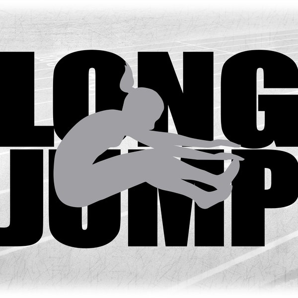 Sports Clipart: Black Words "Track and Field" w/ Gray Overlay Long Jump Event Silhouette w/ Female Jumper Jumping - Digital Download SVG/PNG