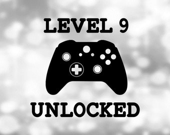 Games Clipart: Black Game Controller with Simple Tech Letter Words "Level 9 Unlocked" for 9 Year Old / Birthday - Digital Download SVG & PNG