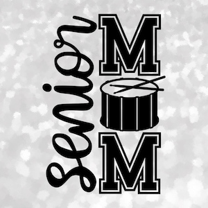 Entertainment Clipart: Black Words "Senior Mom" in Script and College Style with Drum/Sticks as Letter "O", Digital Download svg png dxf pdf