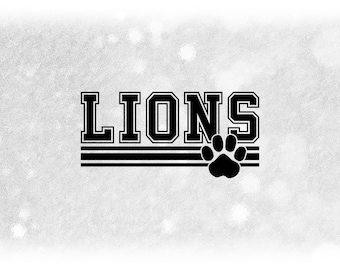 May include: Black and white graphic design featuring the word "LIONS" in a bold, blocky font. A paw print is positioned below the word.