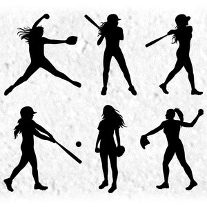 Sports Clipart Value Pack Bundle: Six Black Silhouettes of Female Softball Player in Different Poses #1 - Digital Download svg png dxf pdf