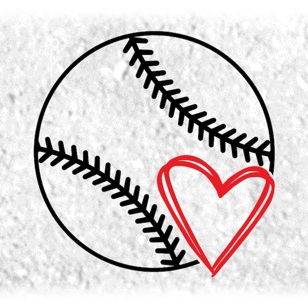 Clipart sport : grand contour noir facile de softball ou de baseball avec coeur rouge Doddle pour les joueurs/mamans - téléchargement numérique SVG & PNG