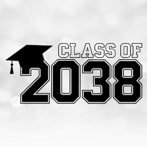Educational Clipart: Class of 2038 in Bold Black College Style Letters w/ Graduation Cap / Tassel on Top - Digital Download svg png dxf pdf