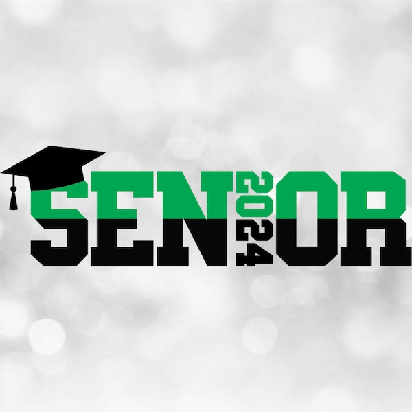 Education Clipart: Black & Green Word "Senior" with Vertical Graduation Year "2024 as Letter I, Plus Cap - Digital Download svg png dxf pdf