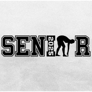Sports Clipart: Black Word "SENIOR" in Collegiate Style with Year 2025 and Female Swimmer as Letter "O" - Digital Download svg png dxf pdf