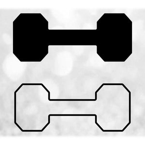 May include: Two black dumbbell illustrations. The top dumbbell is solid black, while the bottom one is an outline. Both have a rectangular handle and octagonal weights on each end. The background is a blurred, light gray.