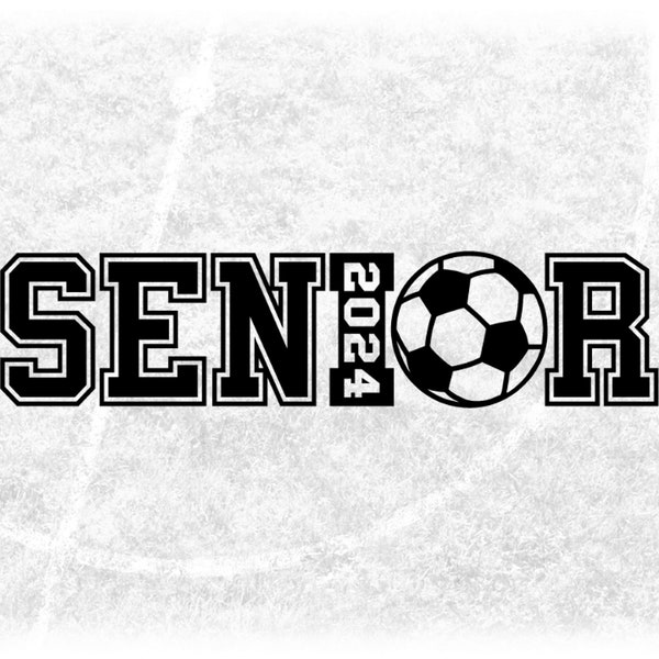 Sports Clipart: Black Word "SENIOR" in Collegiate Style with Grad Year 2024 and Soccer Ball as Letter "O" - Digital Download svg png dxf pdf