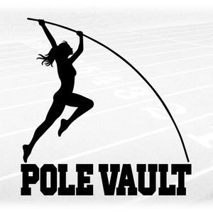Sports Clipart: Black Track & Field Words "Pole Vault" with Female Athlete Silhouette and Bent Pole - Digital Download svg png dxf pdf