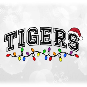 Holiday Clipart: Black Arched Team Mascot Name "Tigers" with Santa Hat and String of Christmas Lights - Digital Download svg png dxf pdf