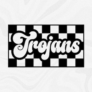 Sports Clipart: Team Mascot Name "Trojans" in Groovy Retro Style Cutout of Black Checkered Background - Digital Download svg png dxf pdf