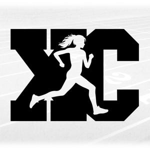 Sports Clipart: Black Varsity Style Cross Country "XC" with Female Long Distance Track Runner Cutout  - Digital Download svg png dxf pdf