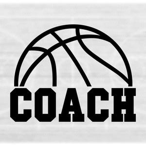 Pode incluir: Design gráfico preto e branco de uma bola de basquete com a palavra "COACH" embaixo.