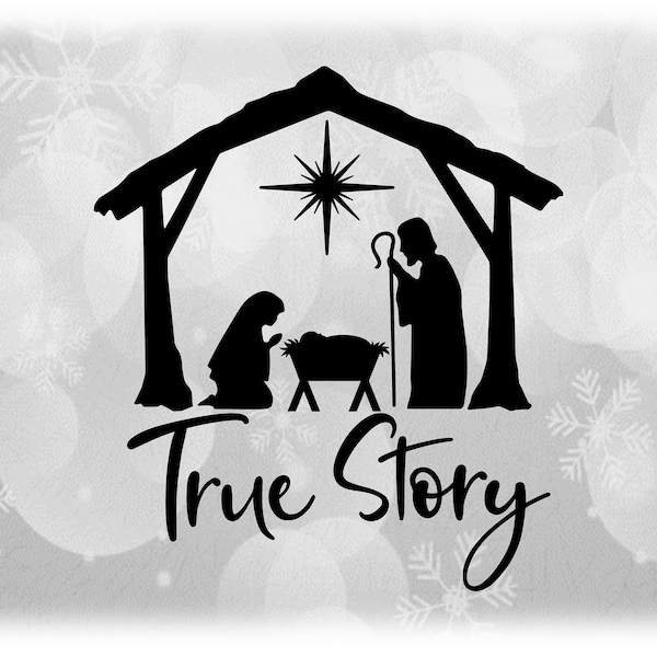 Holiday Clipart: Black Christmas Nativity Manger Scene - Baby Jesus, Mary, Joseph, North Star, and "True Story" - Digital Download SVG & PNG