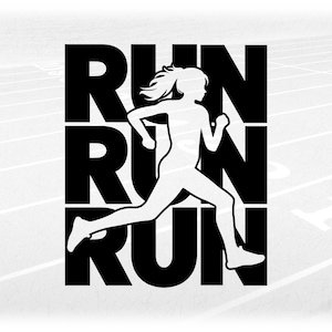 Sports Clipart: Black Words "RUN" with Cutout of Female Athlete Running for Track & Field / Cross Country - Digital Download svg png dxf pdf
