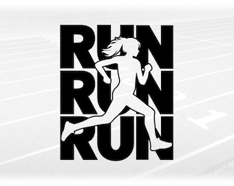 Sports Clipart: Black Words "RUN" with Cutout of Female Athlete Running for Track & Field / Cross Country - Digital Download svg png dxf pdf