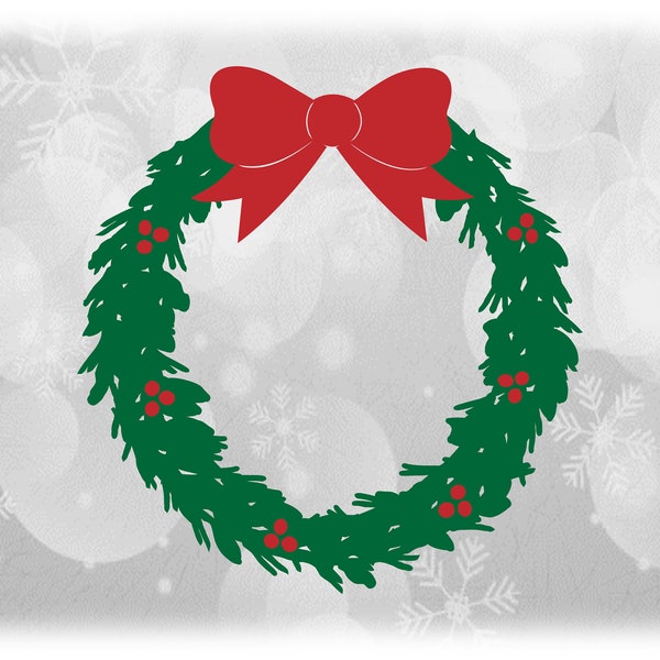 Holiday Clipart:  Green Evergreen Wreath of Branches, Leaves, Berries, Red Bow on Top - Christmas Theme Digital Download Format SVG & PNG