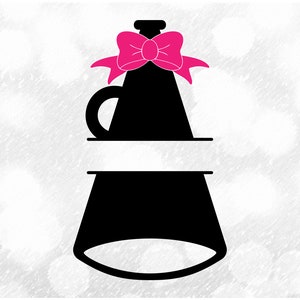 May include: Black megaphone silhouette with a pink bow on top. The megaphone has a handle and a blank space for personalization. The background is a soft, blurred pattern of white and gray.