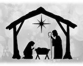 Holiday Clipart Black Silhouette of Christmas Nativity Manger Scene with Baby Jesus, Mary, Joseph, North Star - Digital Download SVG PNG