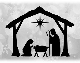 Clipart de vacaciones: silueta de pesebre navideño negro: Niño Jesús, María, José, Estrella del Norte - Descarga digital svg png dxf pdf