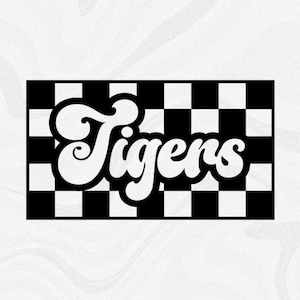 Sports Clipart: Team Mascot Name "Tigers" in Groovy Retro Style Cutout of Black Checkered Background - Digital Download svg png dxf pdf
