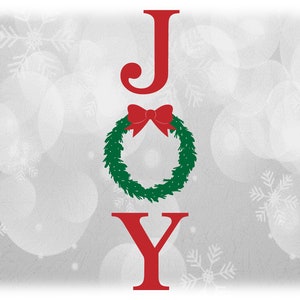 Clipart navideño: Palabra vertical roja "Alegría" con corona verde de hoja perenne y lazo rojo para la letra "O", signo de Navidad - Descarga digital SVG y PNG