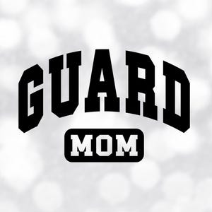 Sports Clipart: Arched Black Bold Word "Guard" in Varsity Style with Word "Mom" in Square Underneath - Digital Download svg png dxf pdf