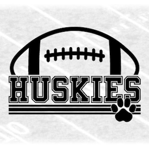 Sports Clipart: Black Half Football with Varsity Style "Huskies" Mascot Team Name with Paw Silhouette - Digital Download svg png dxf pdf